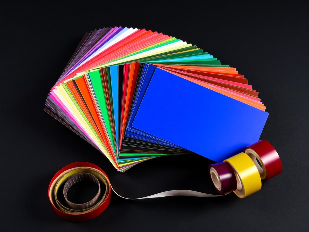 Stack of colorful PVC cards with printer ribbons