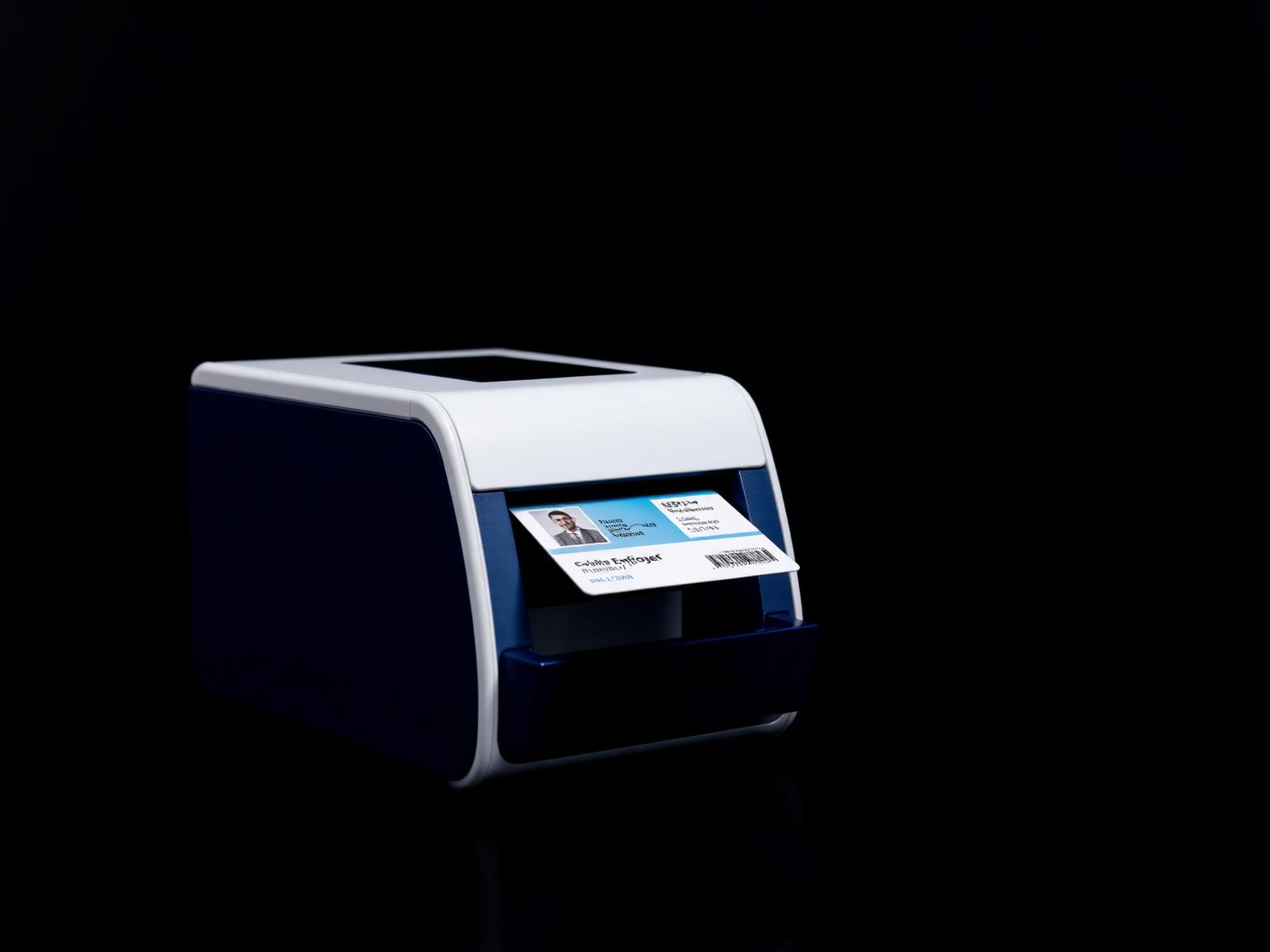 Modern PVC ID card printer issuing a finished employee badge